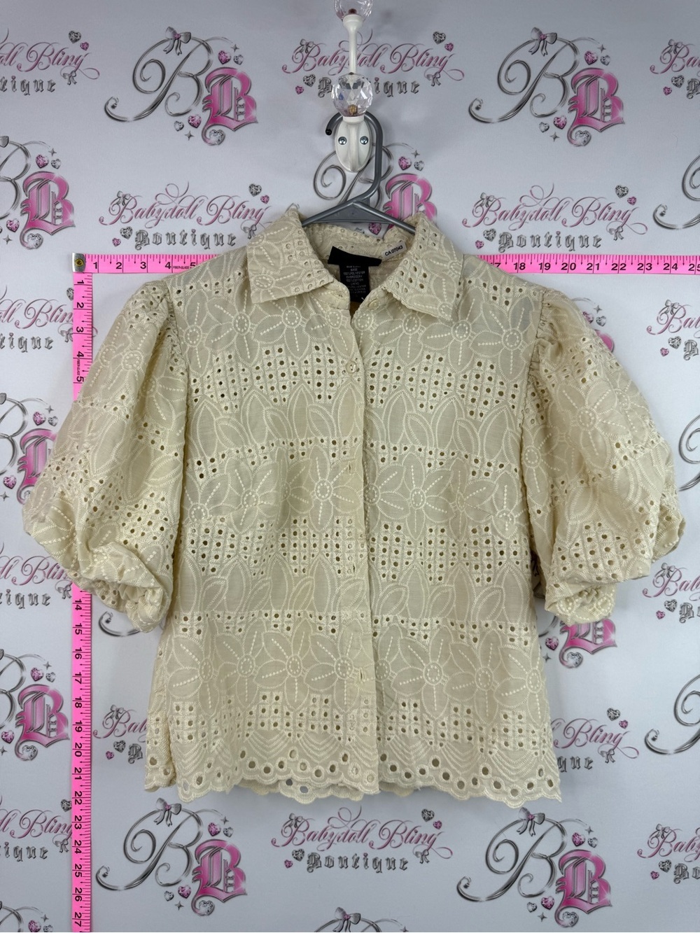 Liv Los Angeles shirt top Eyelet Puff-Sleeve Button-Front Blouse - Cream